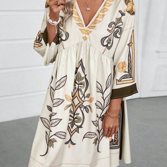 Multicolor Women's Floral Print V-Neck Loose Vacation Style Dress For Summer - Picture 6 of 6